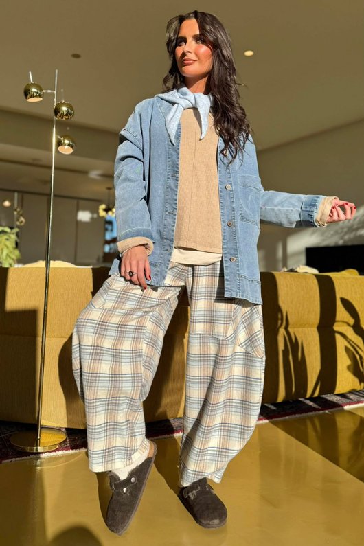 Agnes Plaid Brushed Cotton Barrel Pant Blue